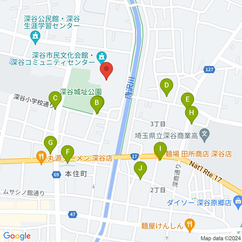 深谷市民文化会館周辺のファミレス・ファーストフード一覧地図