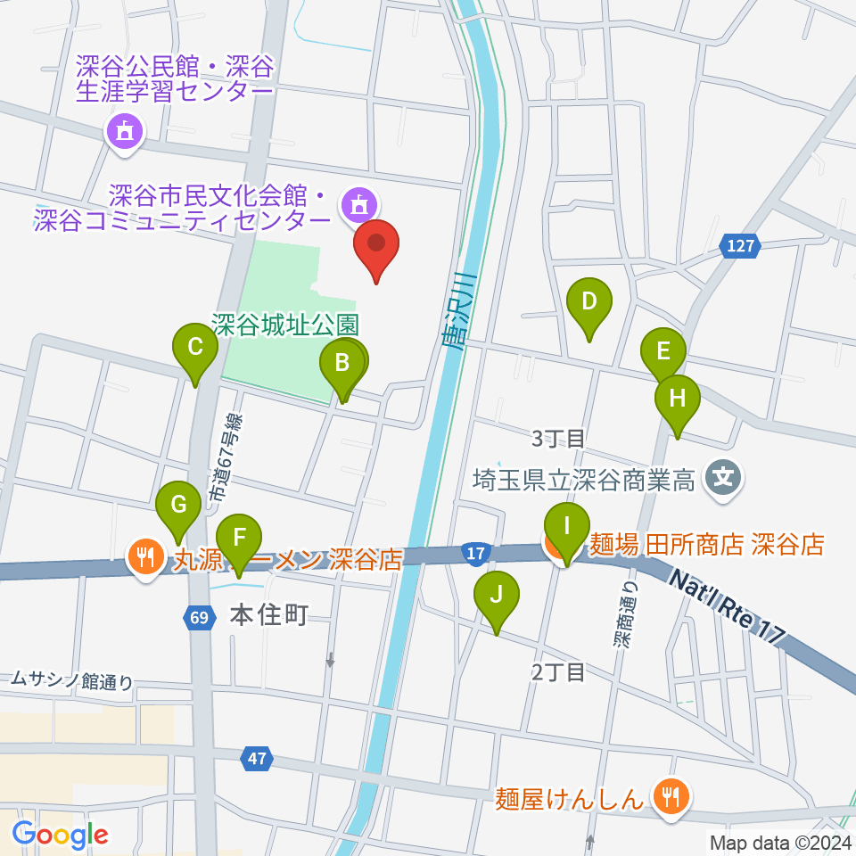 深谷市民文化会館周辺のファミレス・ファーストフード一覧地図