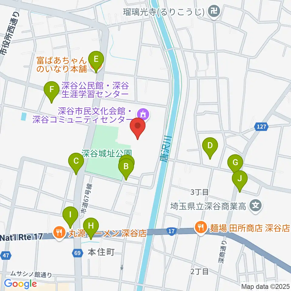 深谷市民文化会館周辺のファミレス・ファーストフード一覧地図