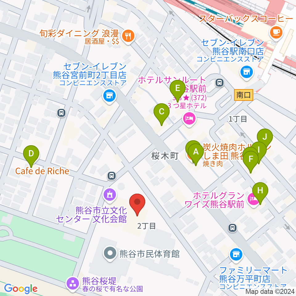 熊谷市立文化センター文化会館周辺のファミレス・ファーストフード一覧地図