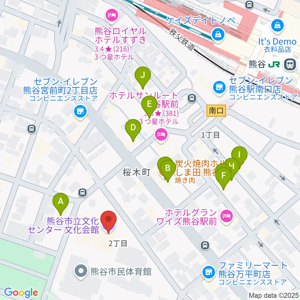 熊谷市立文化センター文化会館周辺のファミレス・ファーストフード一覧地図