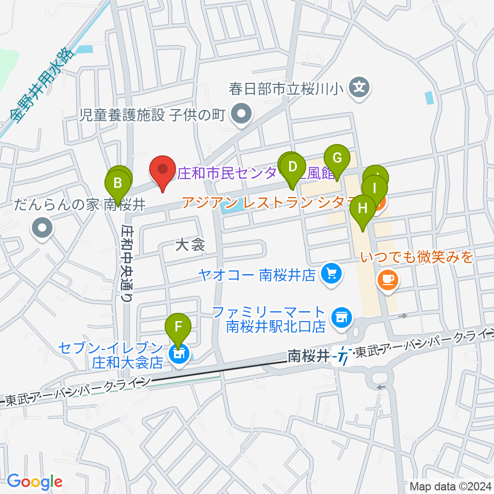 庄和地区公民館周辺のファミレス・ファーストフード一覧地図