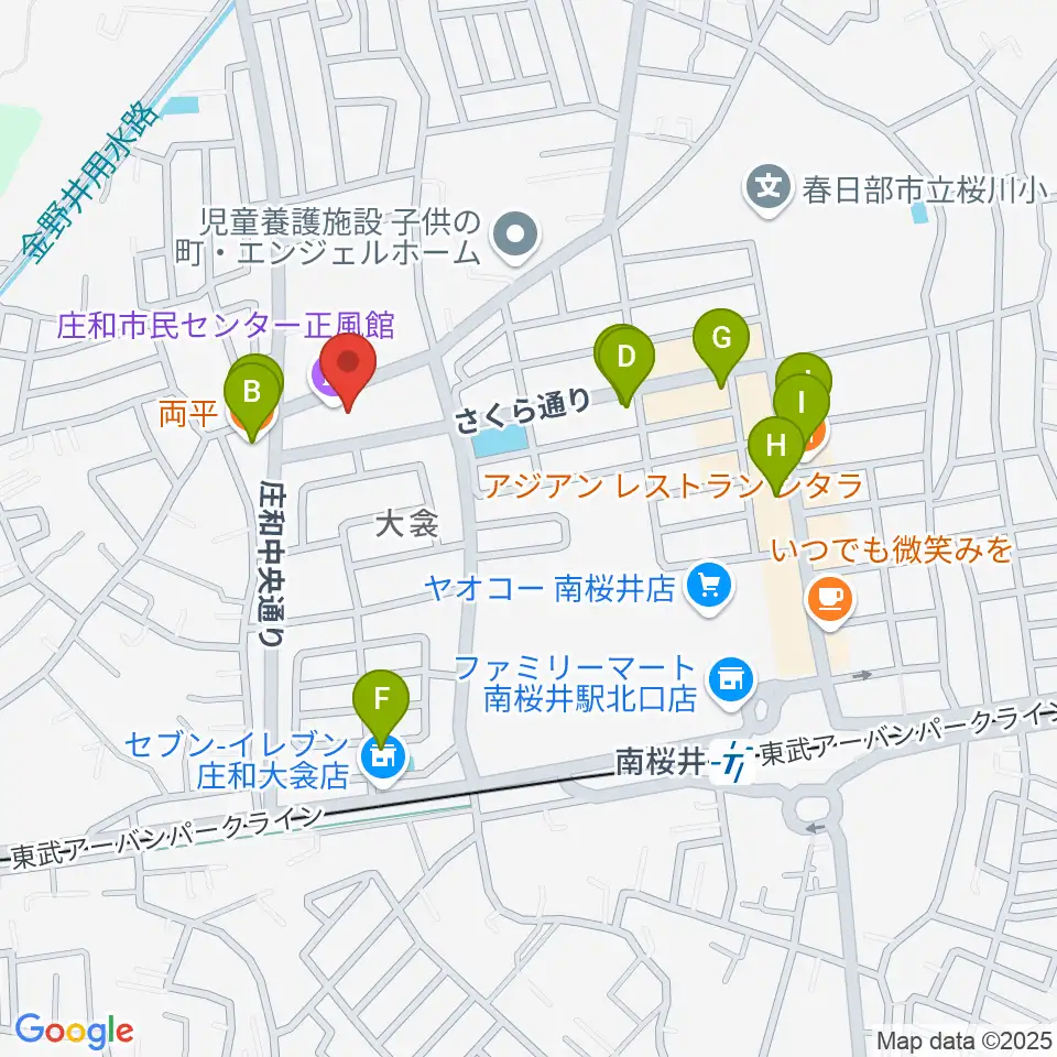 庄和地区公民館周辺のファミレス・ファーストフード一覧地図