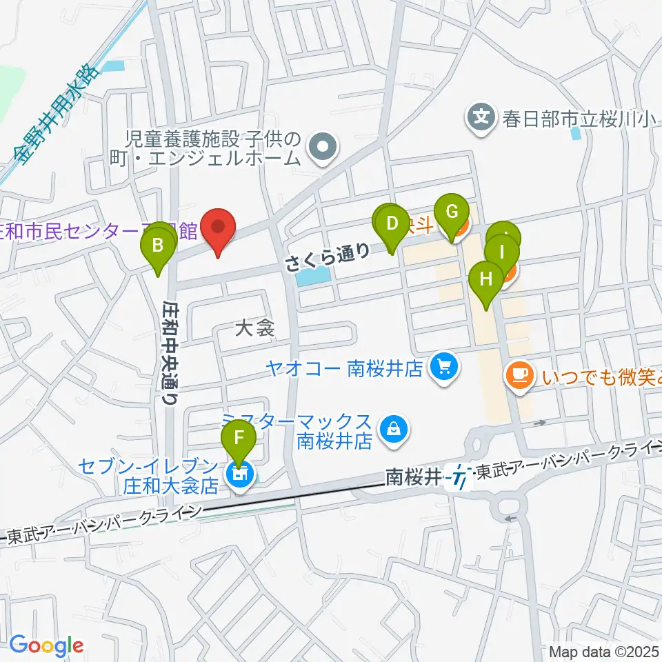 庄和地区公民館周辺のファミレス・ファーストフード一覧地図
