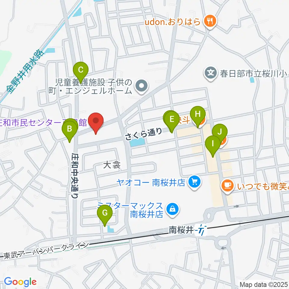 庄和地区公民館周辺のファミレス・ファーストフード一覧地図
