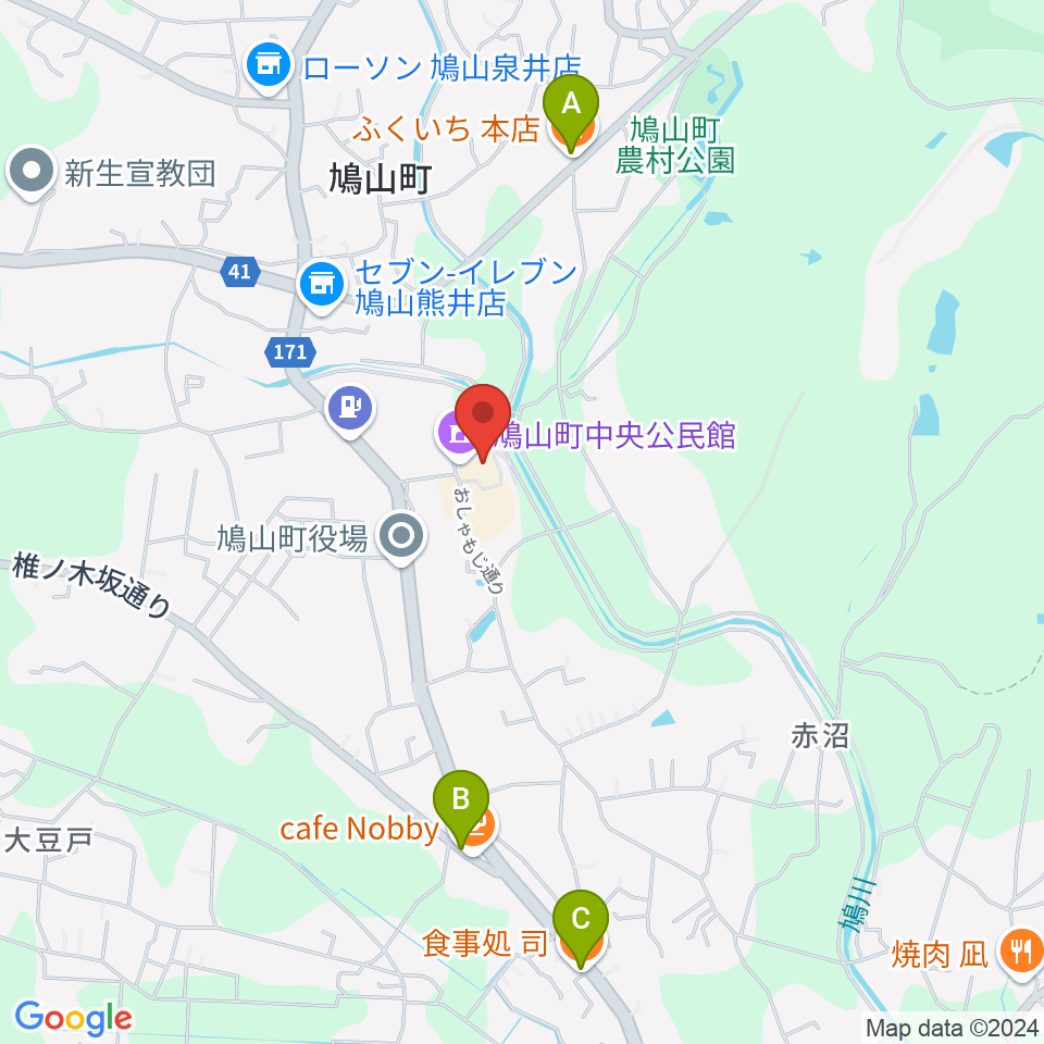 鳩山町文化会館周辺のファミレス・ファーストフード一覧地図