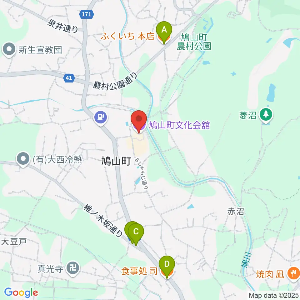 鳩山町文化会館周辺のファミレス・ファーストフード一覧地図