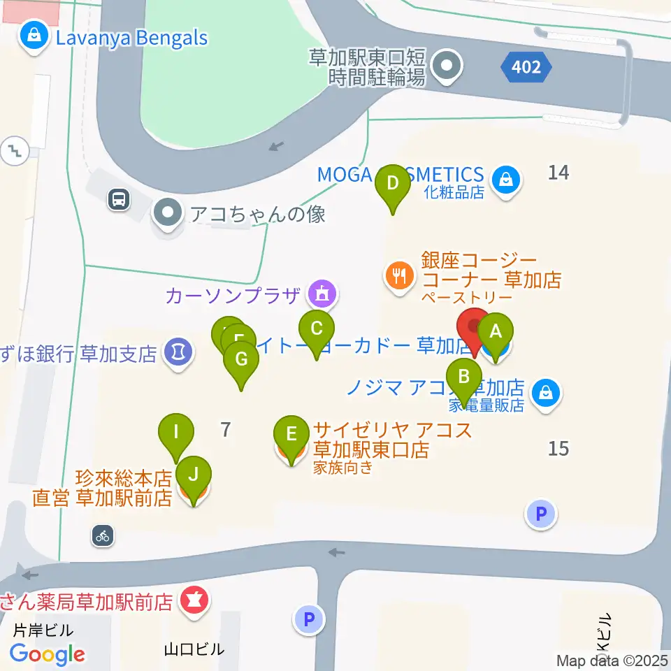 草加アコスホール周辺のファミレス・ファーストフード一覧地図