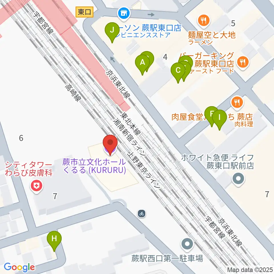 蕨市立文化ホール くるる周辺のファミレス・ファーストフード一覧地図