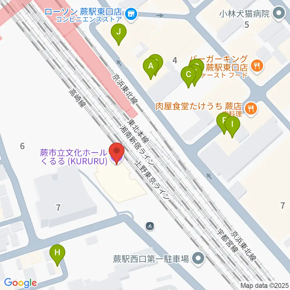 蕨市立文化ホール くるる周辺のファミレス・ファーストフード一覧地図