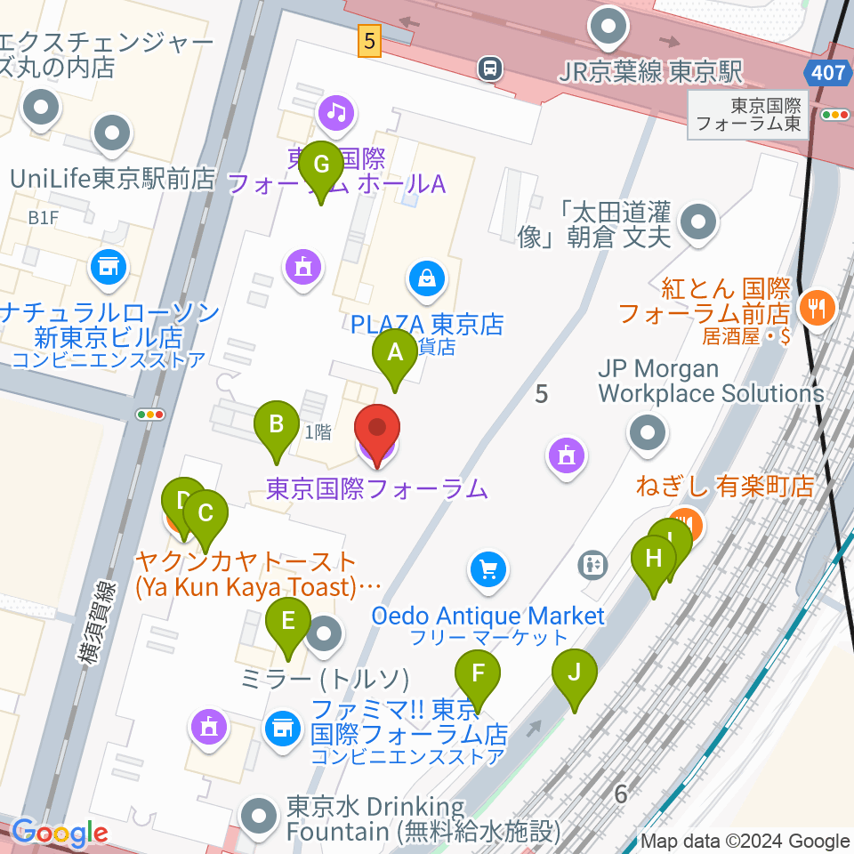 東京国際フォーラム周辺のファミレス・ファーストフード一覧地図