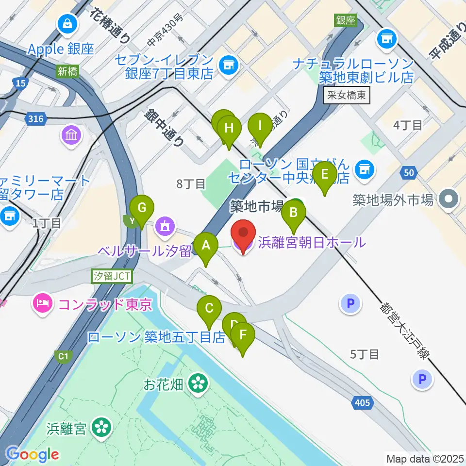 浜離宮朝日ホール周辺のファミレス・ファーストフード一覧地図
