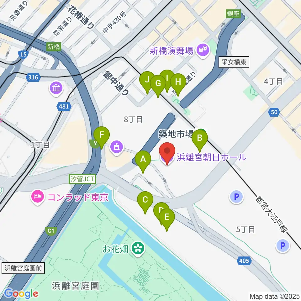 浜離宮朝日ホール周辺のファミレス・ファーストフード一覧地図