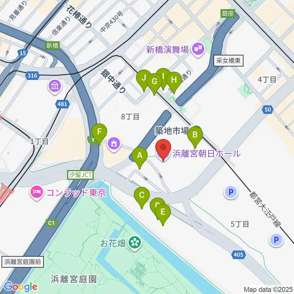 浜離宮朝日ホール周辺のファミレス・ファーストフード一覧地図