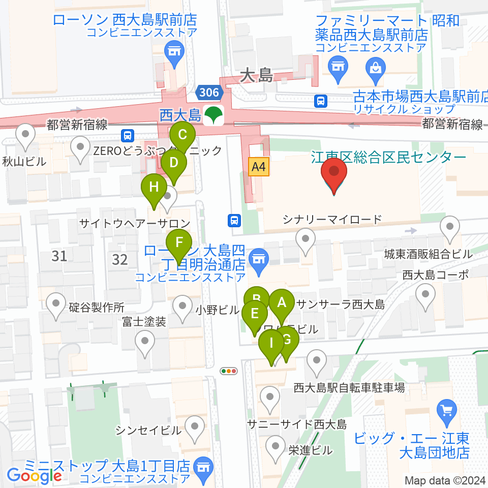 江東区総合区民センター周辺のファミレス・ファーストフード一覧地図