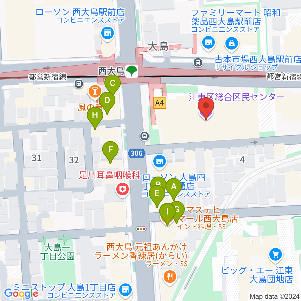 江東区総合区民センター周辺のファミレス・ファーストフード一覧地図