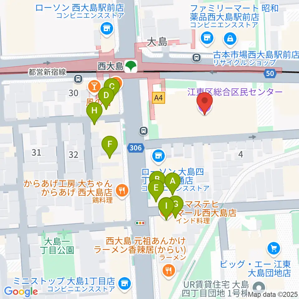 江東区総合区民センター周辺のファミレス・ファーストフード一覧地図
