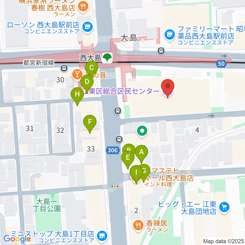 江東区総合区民センター周辺のファミレス・ファーストフード一覧地図