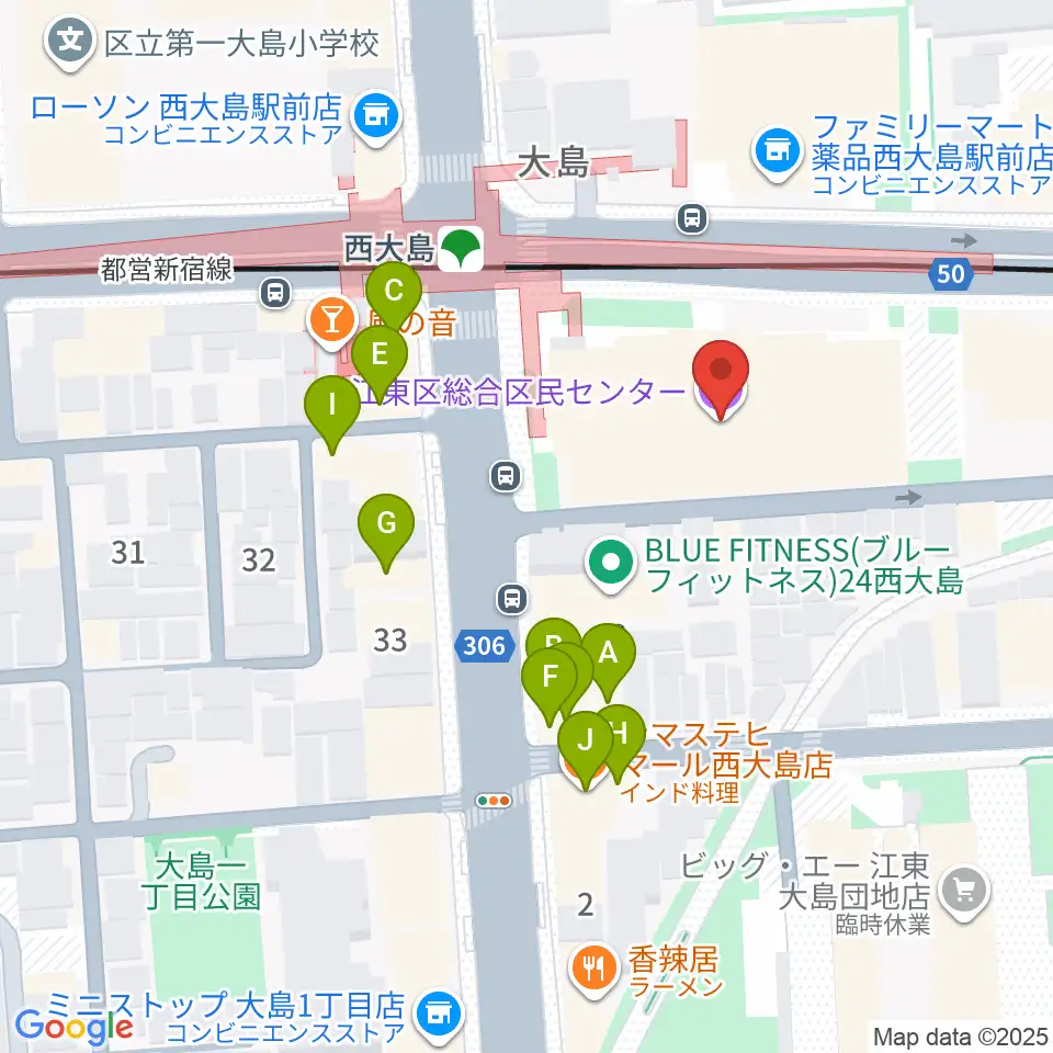 江東区総合区民センター周辺のファミレス・ファーストフード一覧地図