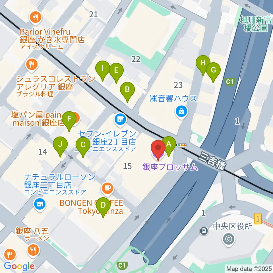 銀座ブロッサム 中央会館周辺のファミレス・ファーストフード一覧地図