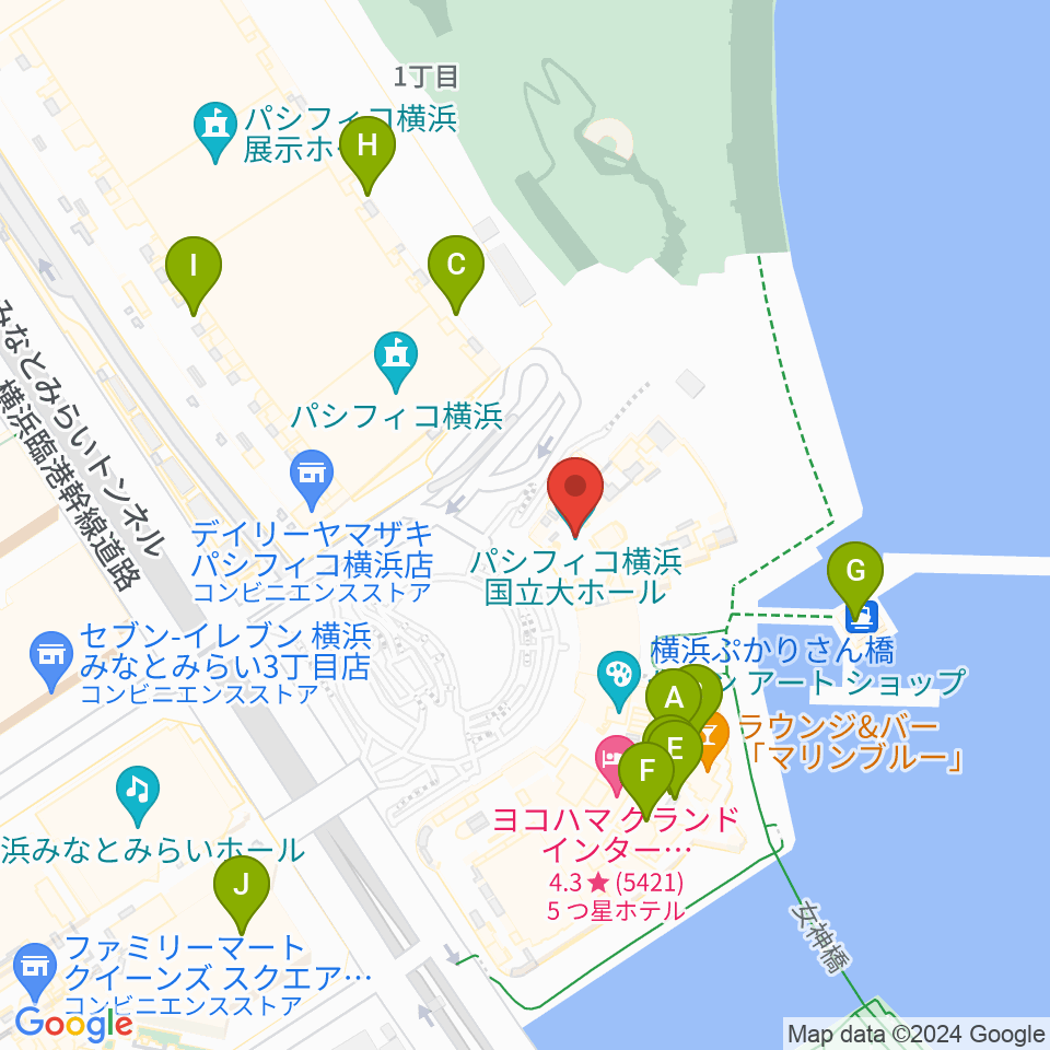 パシフィコ横浜 国立大ホール周辺のファミレス・ファーストフード一覧地図