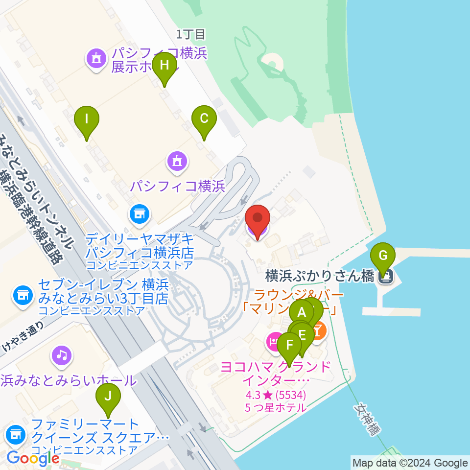 パシフィコ横浜 国立大ホール周辺のファミレス・ファーストフード一覧地図