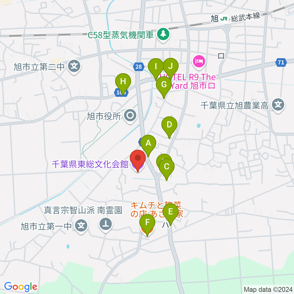 千葉県東総文化会館周辺のファミレス・ファーストフード一覧地図