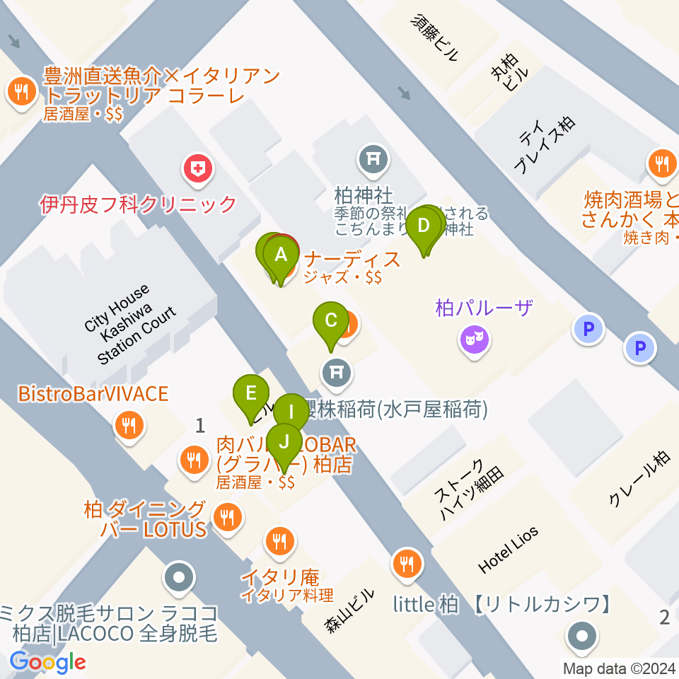 柏NARDIS周辺のファミレス・ファーストフード一覧地図