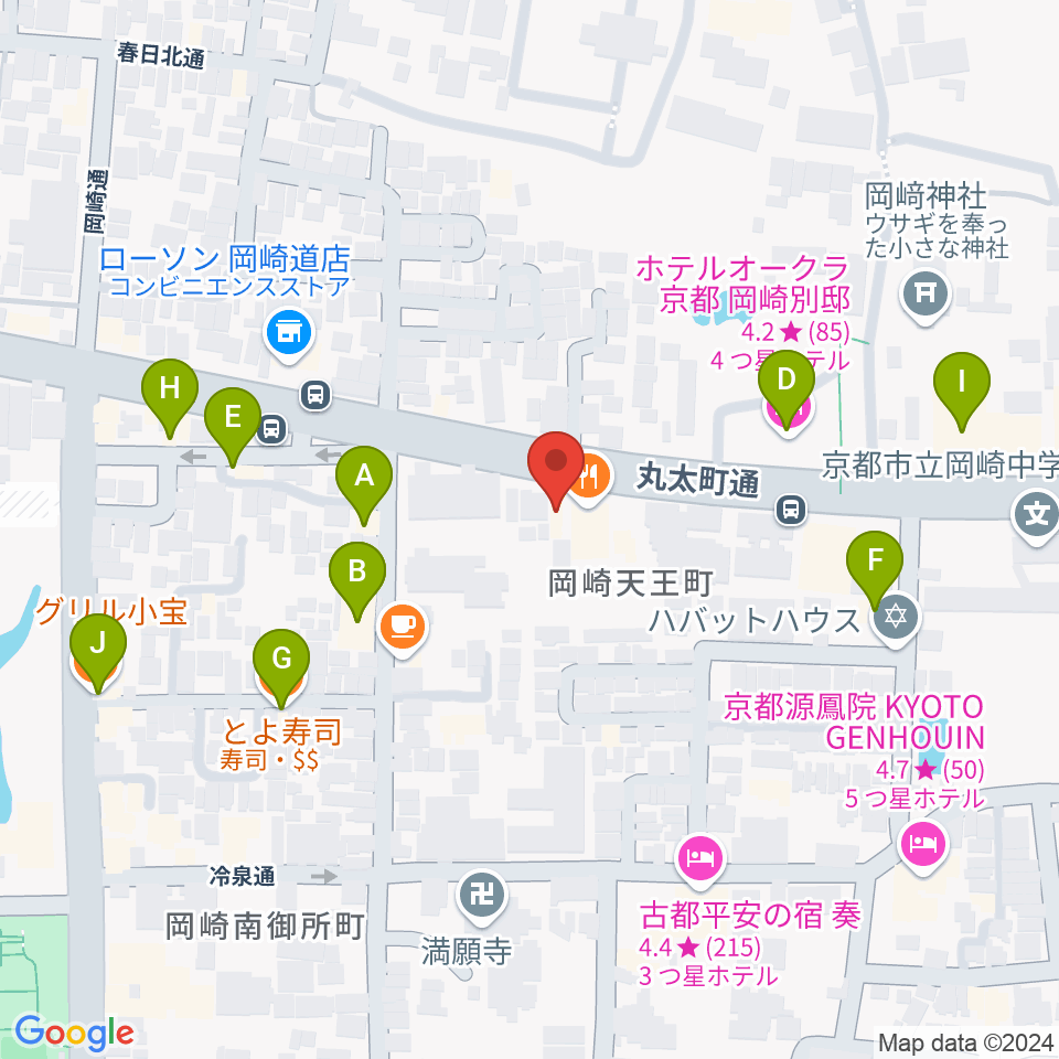 京都岡崎ナムホール周辺のファミレス・ファーストフード一覧地図