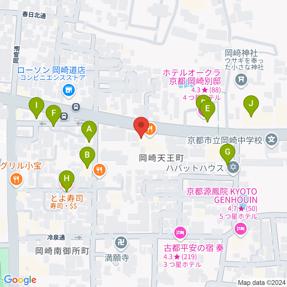 京都岡崎ナムホール周辺のファミレス・ファーストフード一覧地図