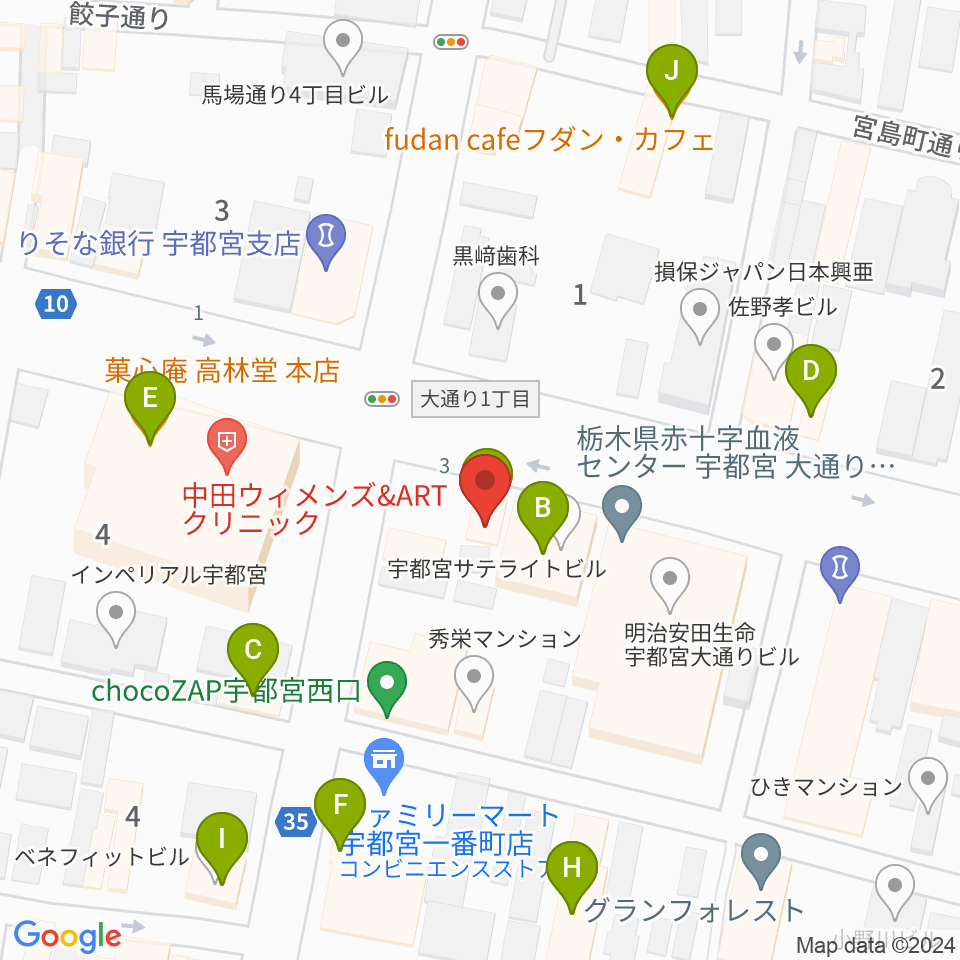 ブロンコ宇都宮周辺のファミレス・ファーストフード一覧地図