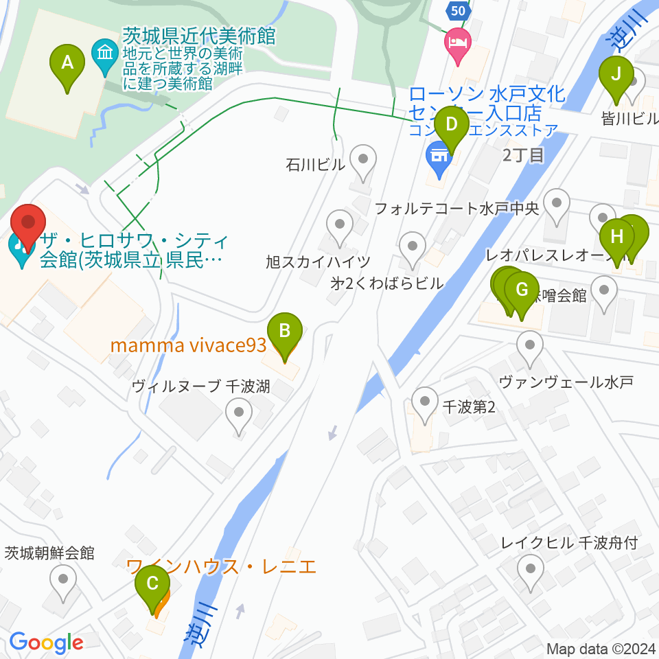 ザ・ヒロサワ・シティ会館周辺のファミレス・ファーストフード一覧地図