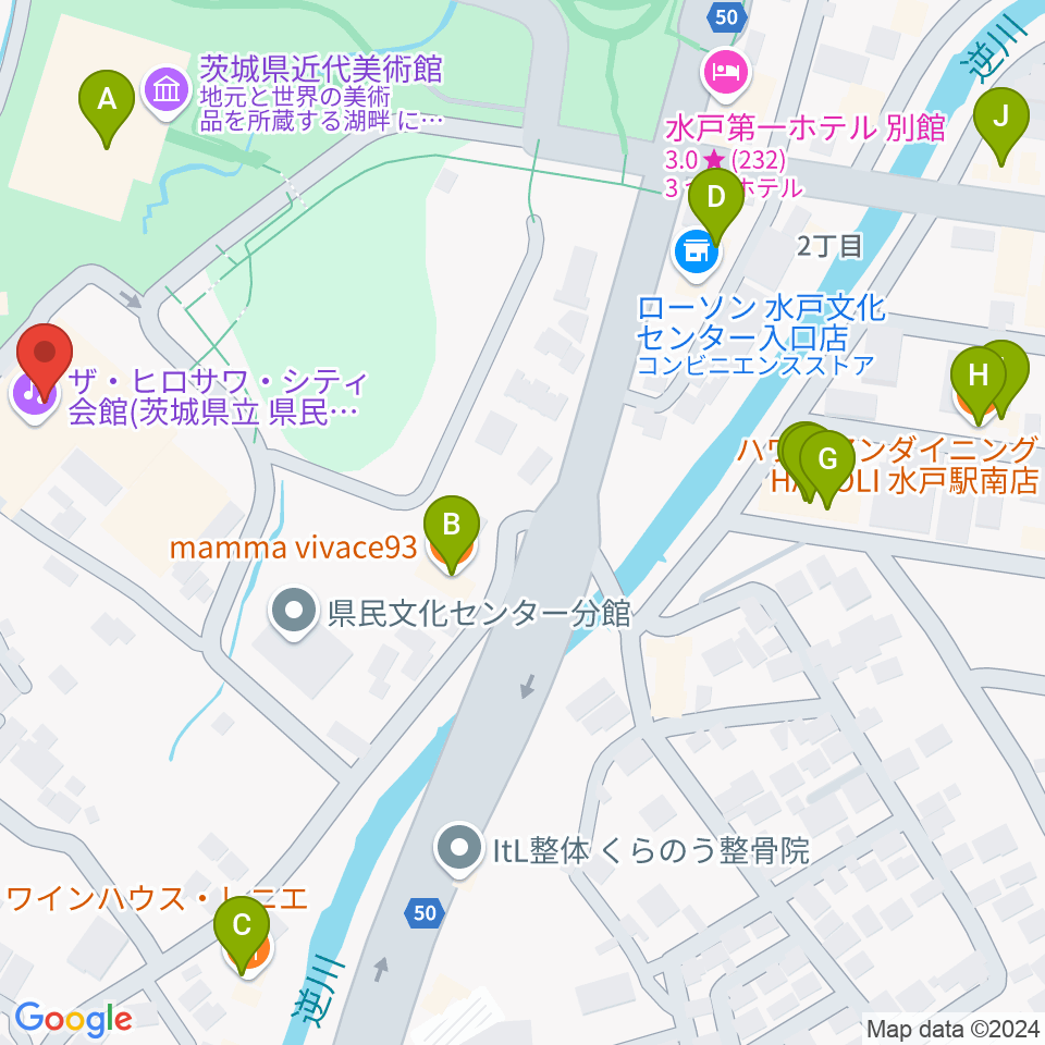 ザ・ヒロサワ・シティ会館周辺のファミレス・ファーストフード一覧地図