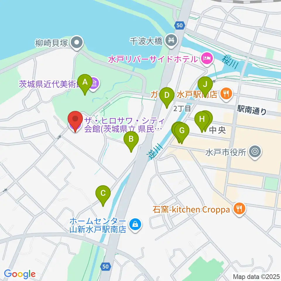 ザ・ヒロサワ・シティ会館周辺のファミレス・ファーストフード一覧地図