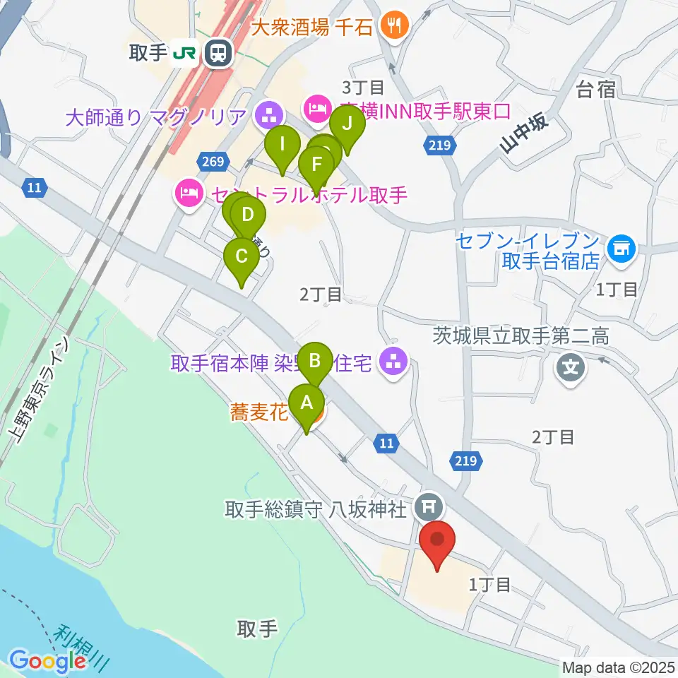 取手市民会館周辺のファミレス・ファーストフード一覧地図