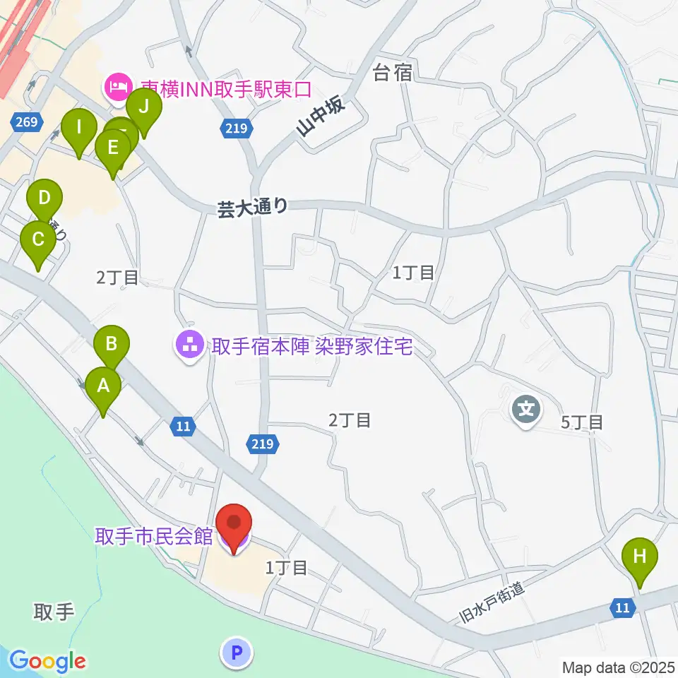 取手市民会館周辺のファミレス・ファーストフード一覧地図