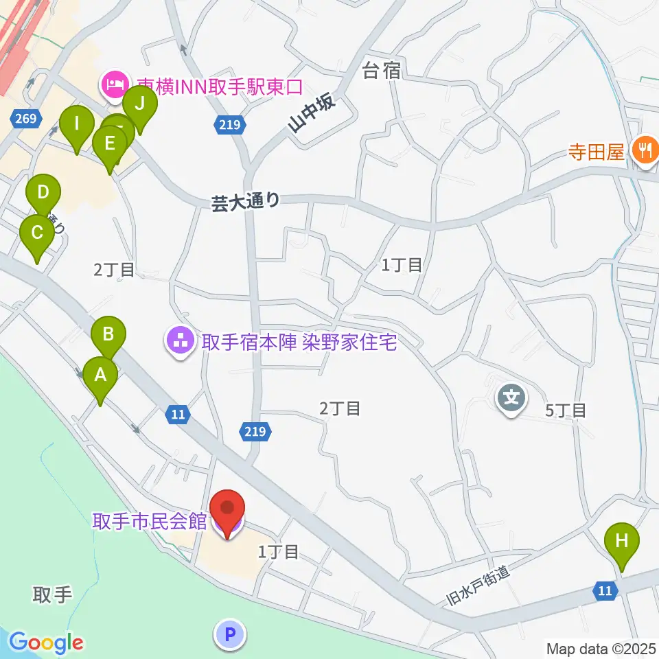 取手市民会館周辺のファミレス・ファーストフード一覧地図