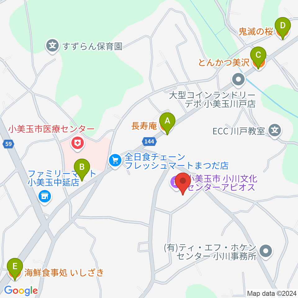 小美玉市小川文化センター アピオス周辺のファミレス・ファーストフード一覧地図