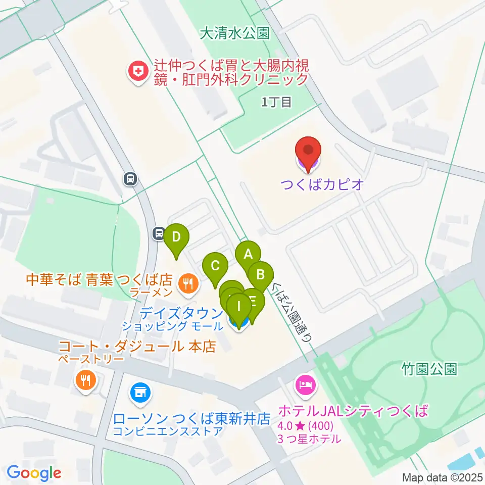 つくばカピオ周辺のファミレス・ファーストフード一覧地図