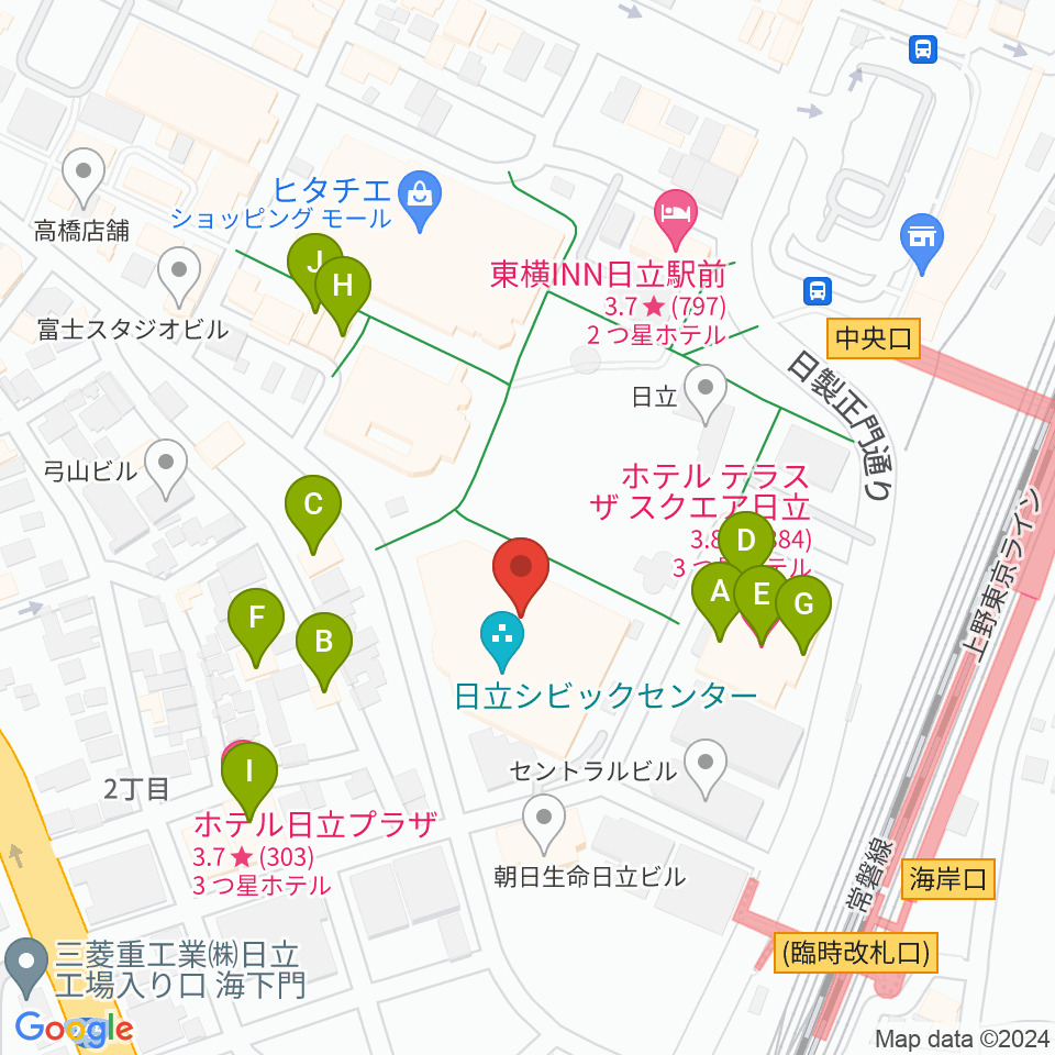 日立シビックセンター周辺のファミレス・ファーストフード一覧地図