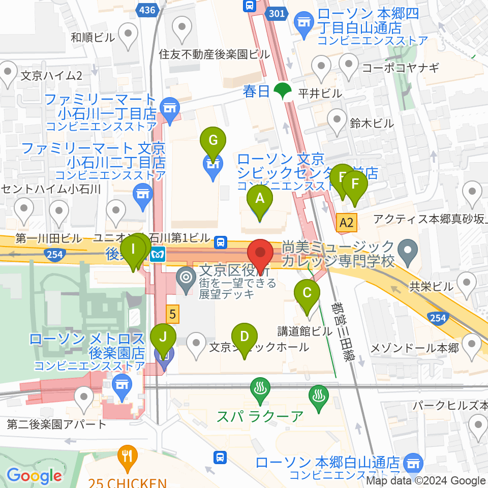 文京シビックホール周辺のファミレス・ファーストフード一覧地図