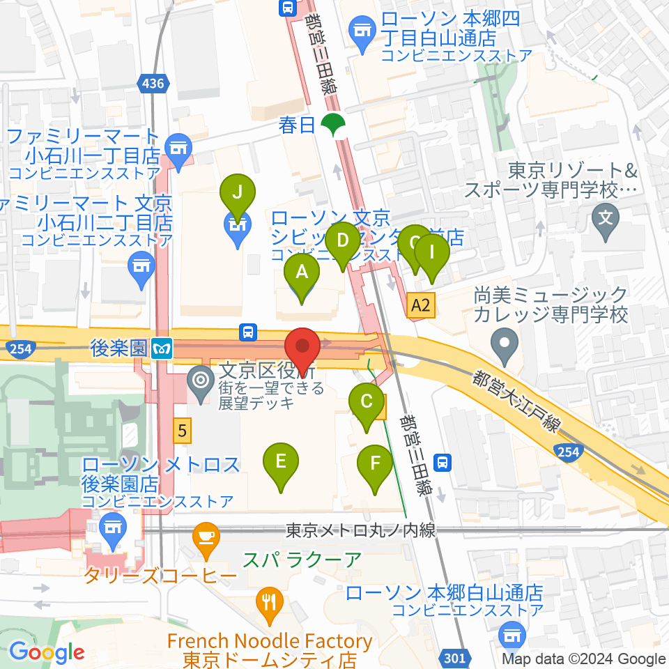 文京シビックホール周辺のファミレス・ファーストフード一覧地図