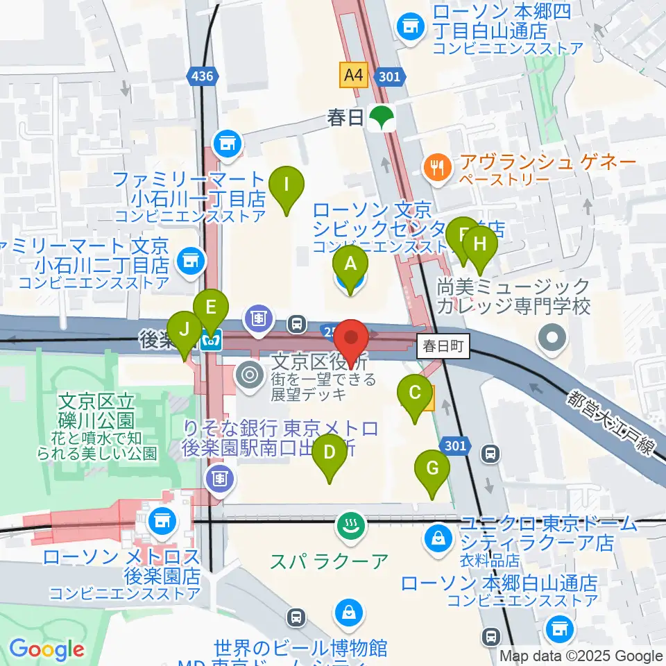 文京シビックホール周辺のファミレス・ファーストフード一覧地図