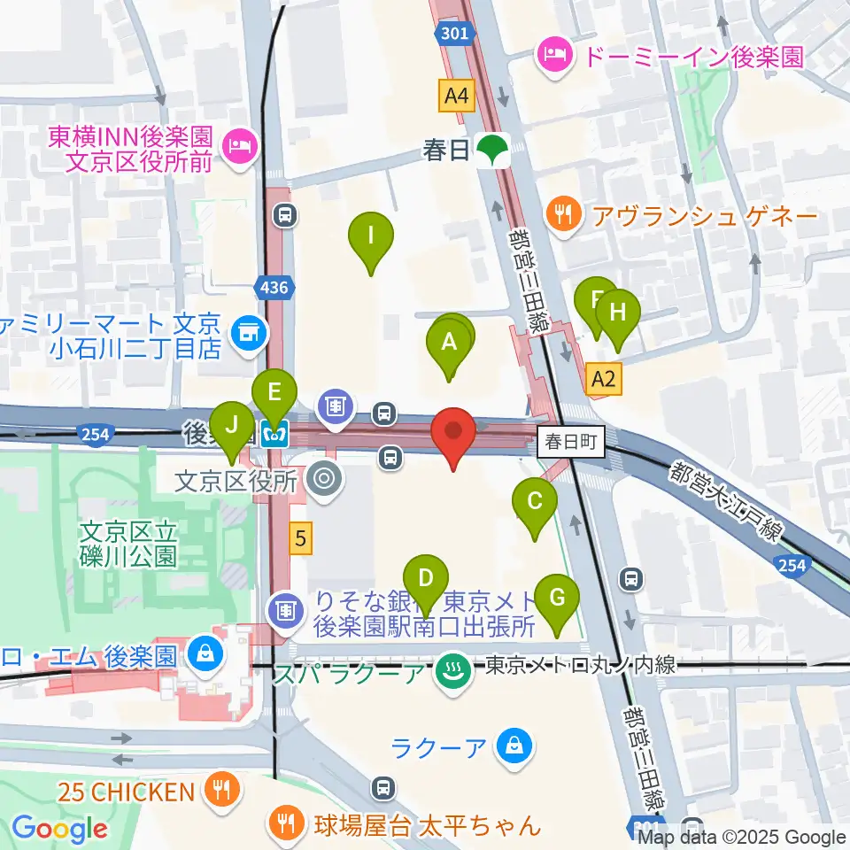 文京シビックホール周辺のファミレス・ファーストフード一覧地図