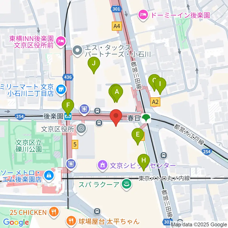 文京シビックホール周辺のファミレス・ファーストフード一覧地図