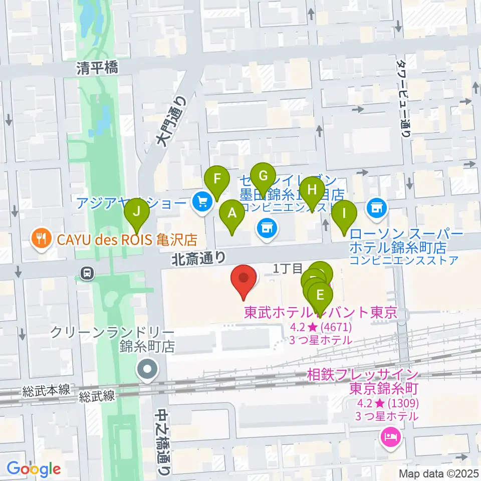 すみだトリフォニーホール周辺のファミレス・ファーストフード一覧地図