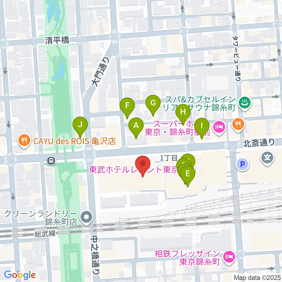 すみだトリフォニーホール周辺のファミレス・ファーストフード一覧地図