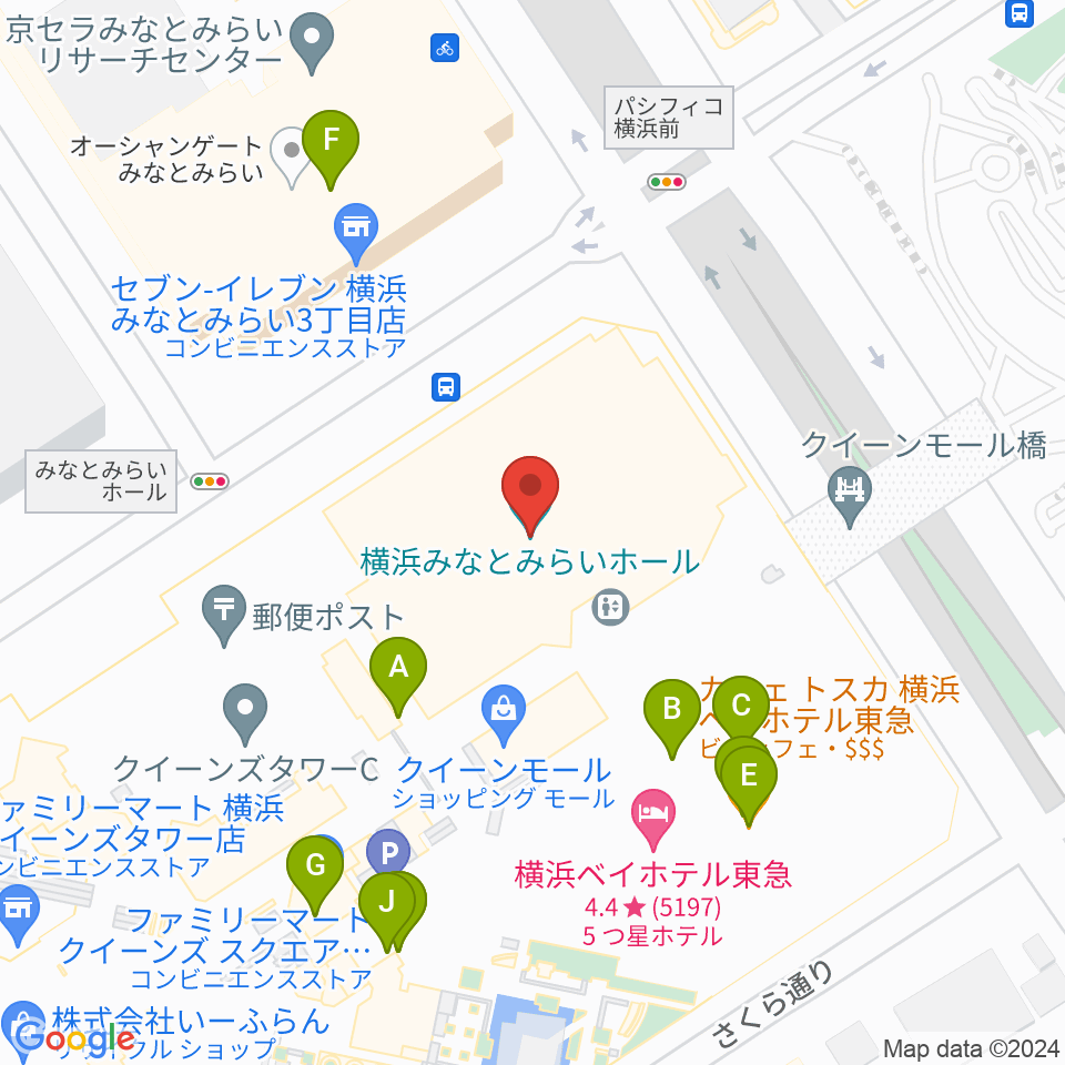 横浜みなとみらいホール周辺のファミレス・ファーストフード一覧地図