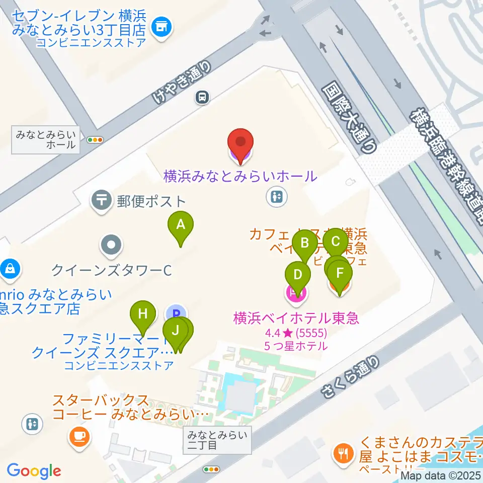 横浜みなとみらいホール周辺のファミレス・ファーストフード一覧地図