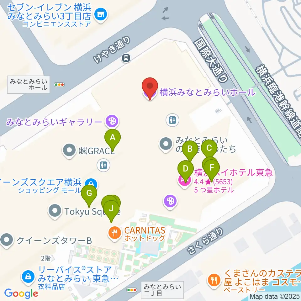 横浜みなとみらいホール周辺のファミレス・ファーストフード一覧地図